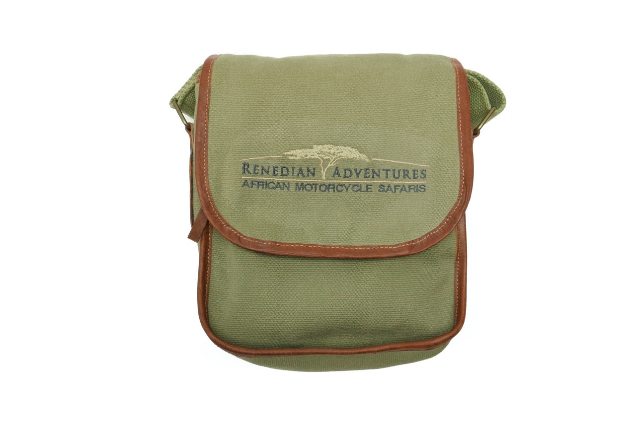 Dirt Road™ Shoulder Bag - Olive or Beige Canvas & Leather with Renedian Logo - 9”x 8”x 3”