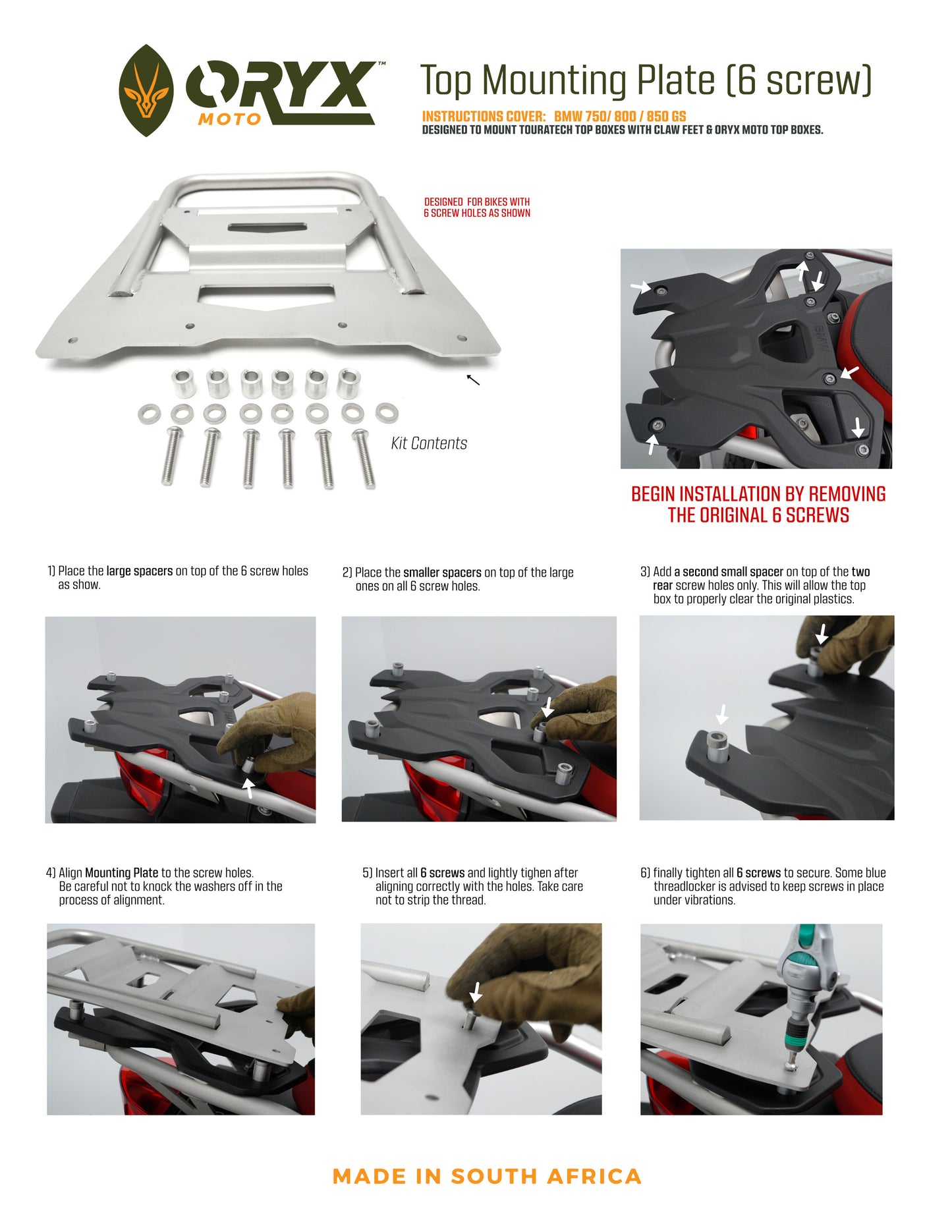 Top Case Mounting Plate (6 Holes) - Stainless Steel - BMW F850GS / F750GS / 2024+ F800GS