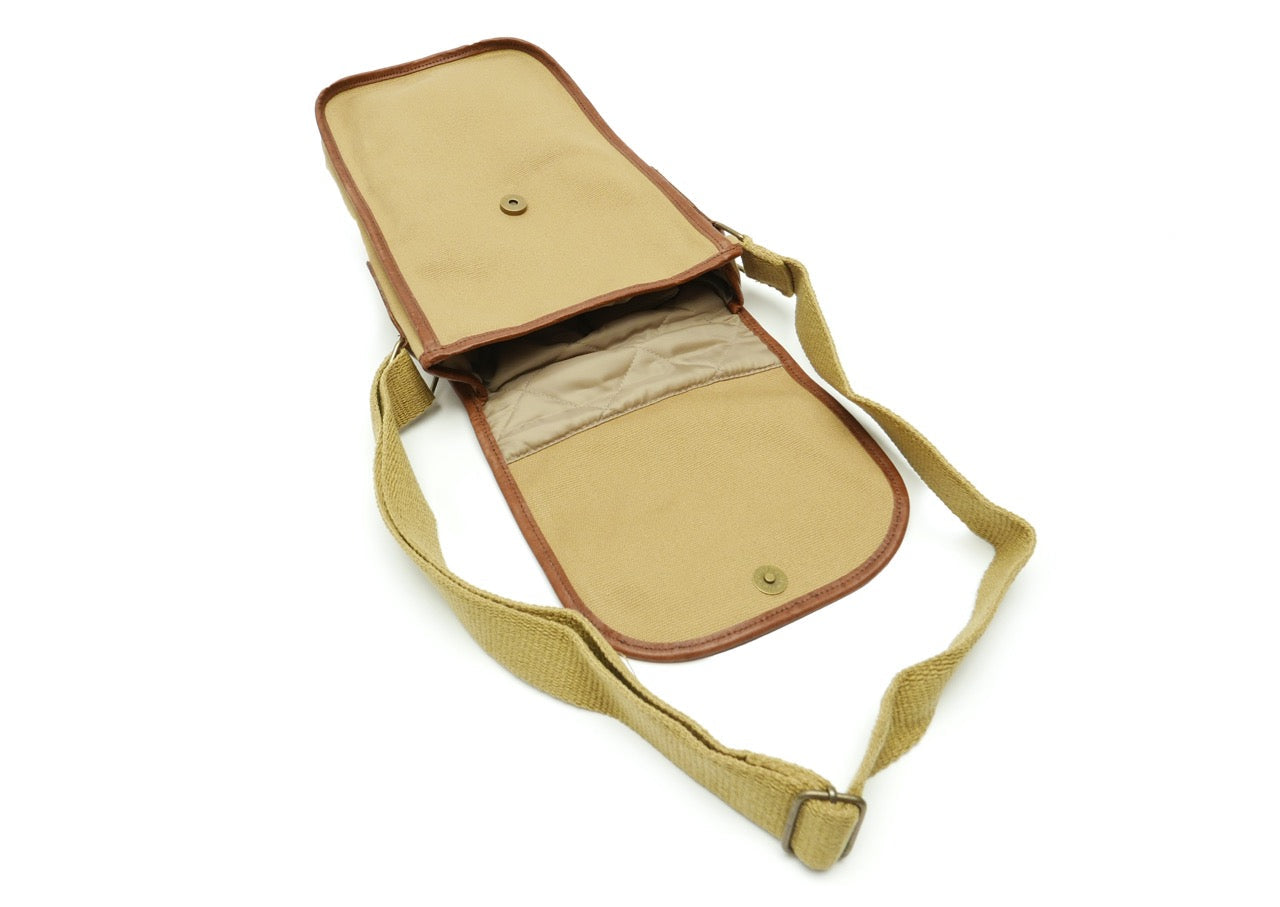 Dirt Road™ Shoulder Bag - Beige Canvas & Leather with Renedian Logo - 12”x 8”x 3”