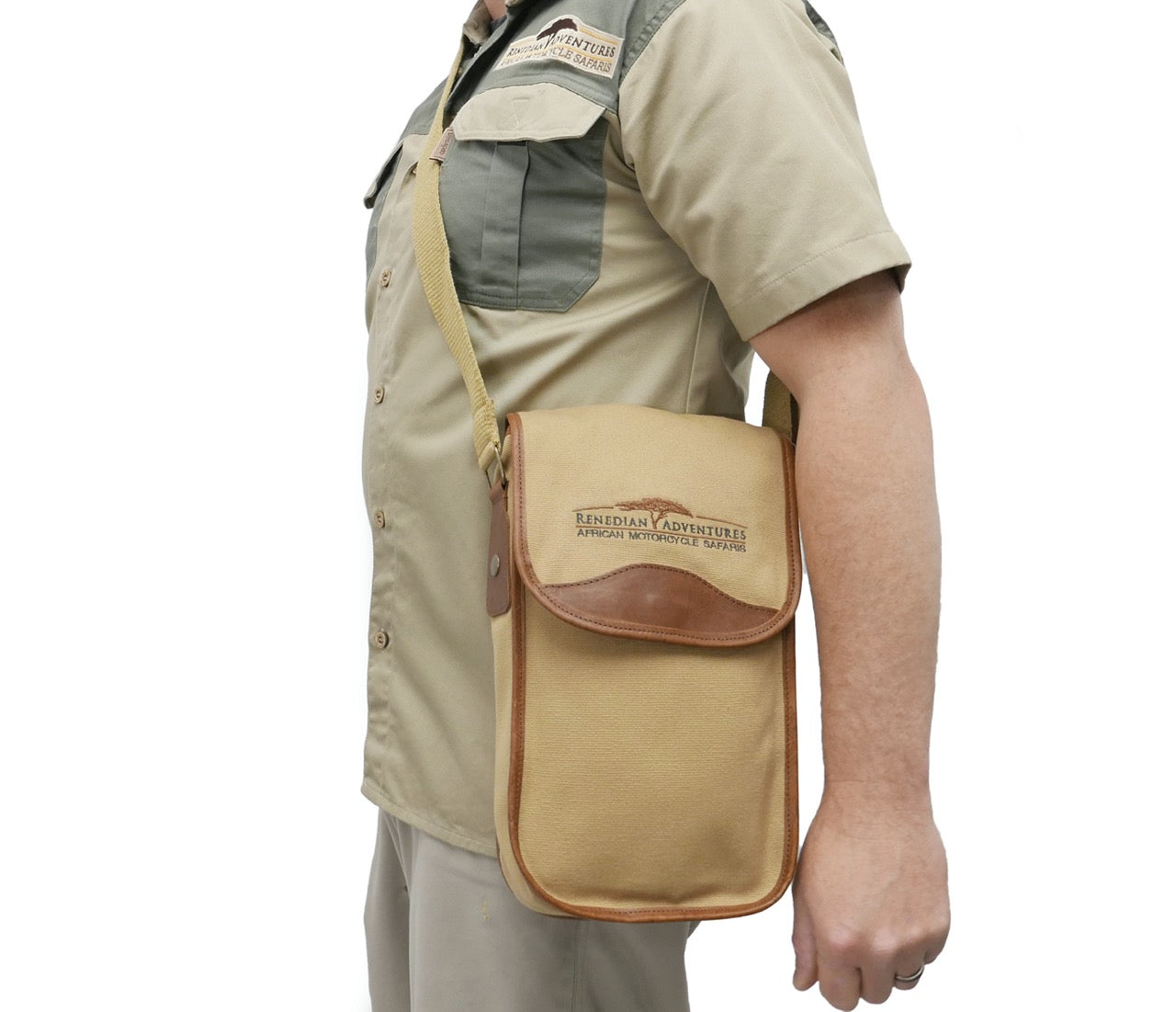 Dirt Road™ Shoulder Bag - Beige Canvas & Leather with Renedian Logo - 12”x 8”x 3”