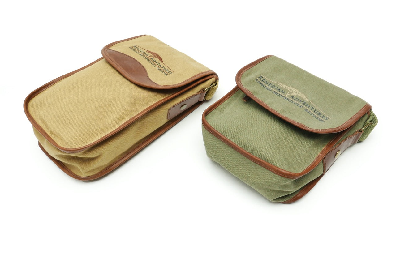 Dirt Road™ Shoulder Bag - Beige Canvas & Leather with Renedian Logo - 12”x 8”x 3”